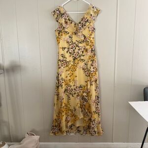 London Times Yellow Floral Midi Dress Size 12 V-Neck Ruffle Hem Spring Wedding G